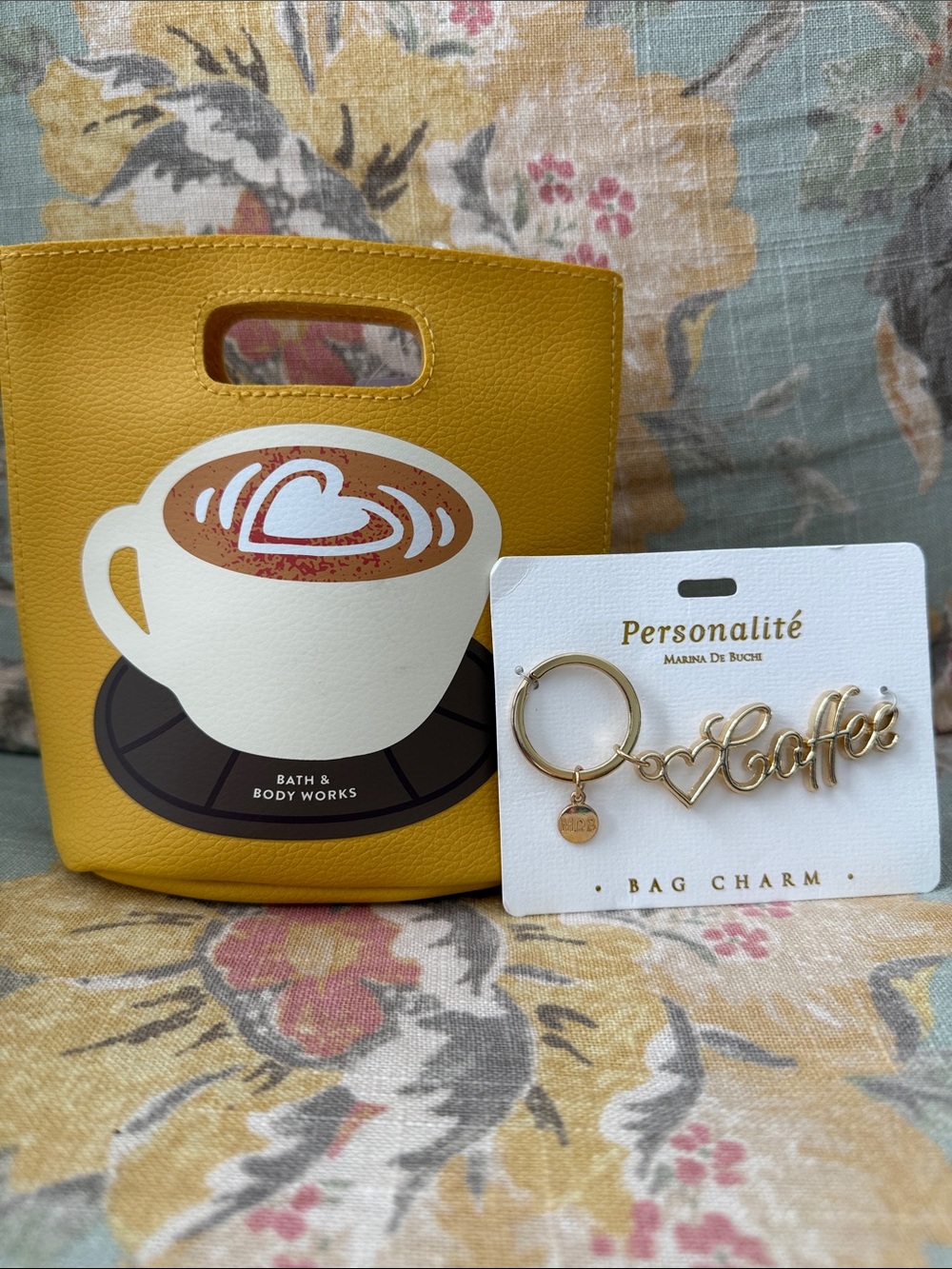 Bath & Body Works Mustard Yellow Coffee Tote Bag with Gold 'Coffee' Charm NWT